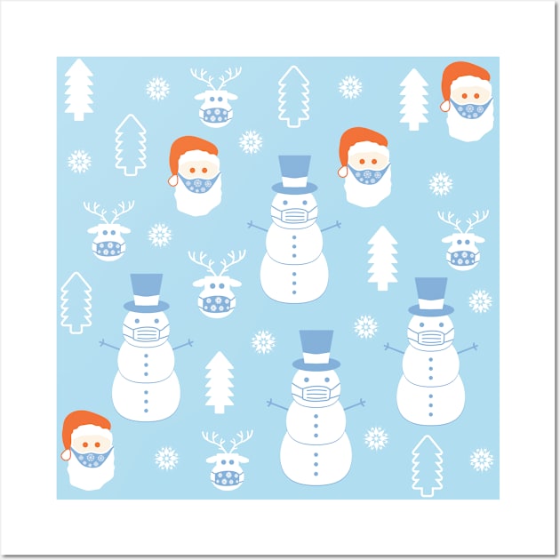 Santa Claus, snowman, and deer wearing a protective face mask Wall Art by Farhad